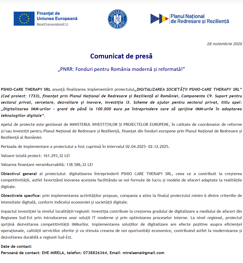 Comunicat de presă privind finalizarea derulării proiectului „DIGITALIZAREA SOCIETATII PSHIO-CARE THERAPY SRL”