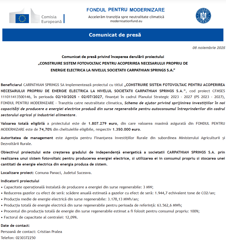Comunicat de presă privind începerea derulării proiectului „CONSTRUIRE SISTEM FOTOVOLTAIC PENTRU ACOPERIREA NECESARULUI PROPRIU DE ENERGIE ELECTRICA LA NIVELUL SOCIETATII CARPATHIAN SPRINGS S.A.”