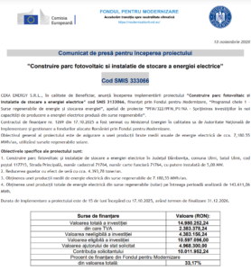 Comunicat de presa incepere proiect Fondul pentru Modernizare - CEKA ENERGY SRL
