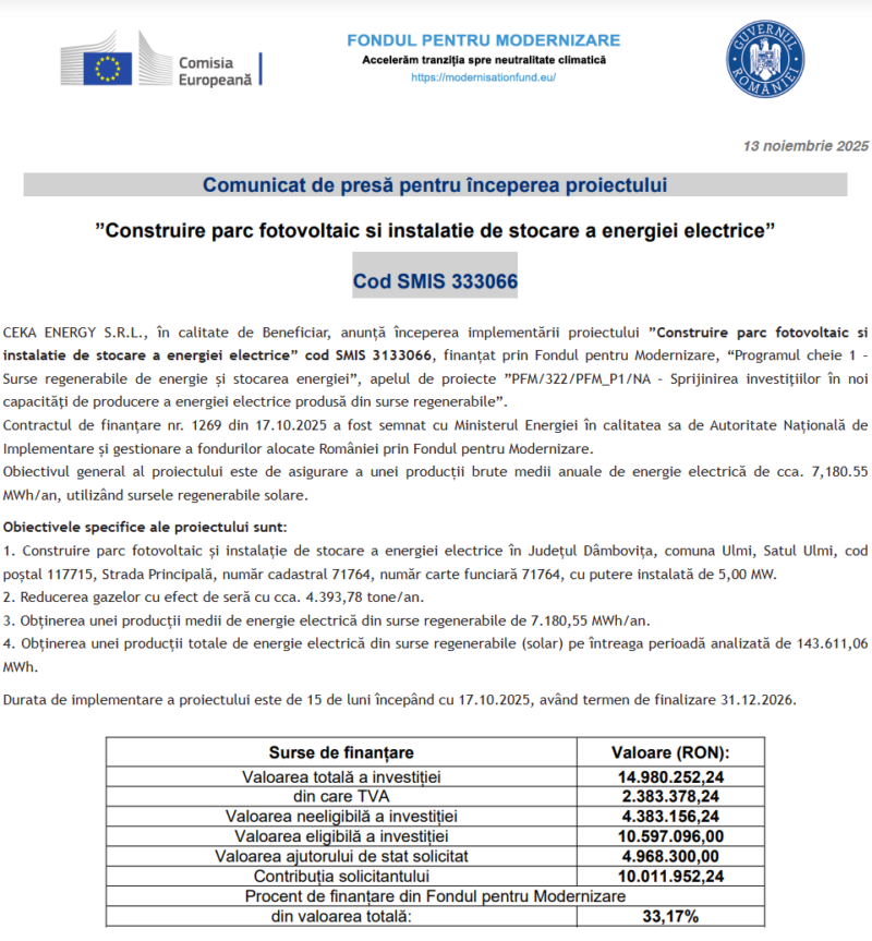 Comunicat de presă privind începerea derulării proiectului „Construire parc fotovoltaic si instalatie de stocare a energiei electrice”