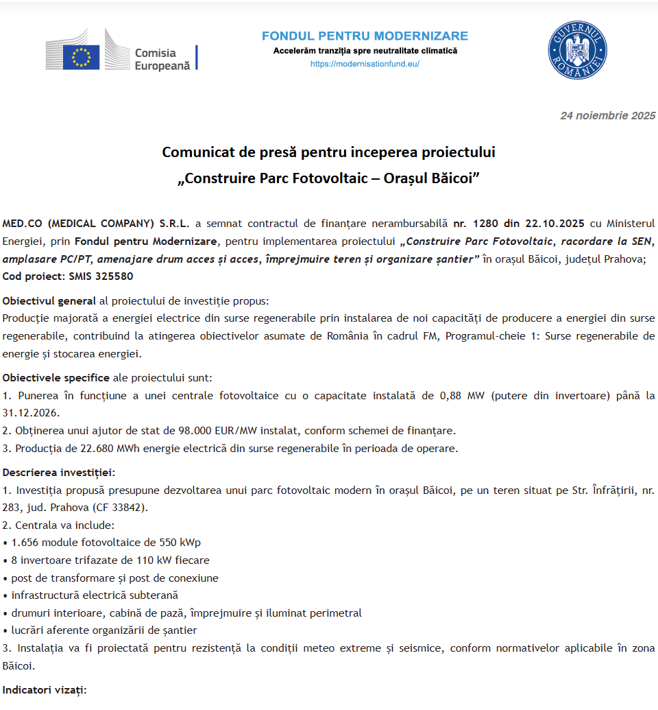 Comunicat de presă privind începerea derulării proiectului „Construire Parc Fotovoltaic, racordare la SEN, amplasare PC/PT, amenajare drum acces și acces, împrejmuire teren și organizare șantier”