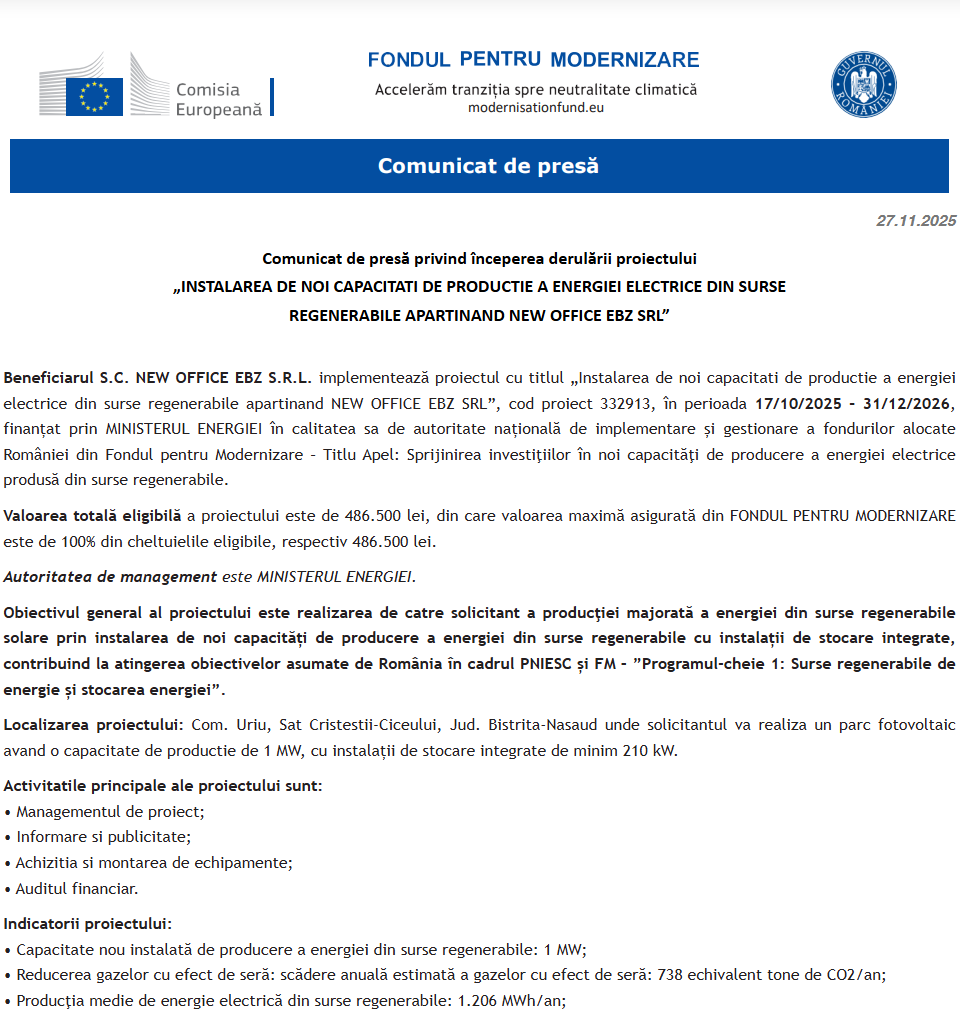 Comunicat de presă privind începerea derulării proiectului „INSTALAREA DE NOI CAPACITATI DE PRODUCTIE A ENERGIEI ELECTRICE DIN SURSE REGENERABILE APARTINAND NEW OFFICE EBZ SRL”