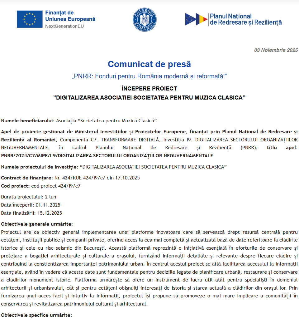 Comunicat de presă privind începerea derulării proiectului “DIGITALIZAREA ASOCIATIEI SOCIETATEA PENTRU MUZICA CLASICA”