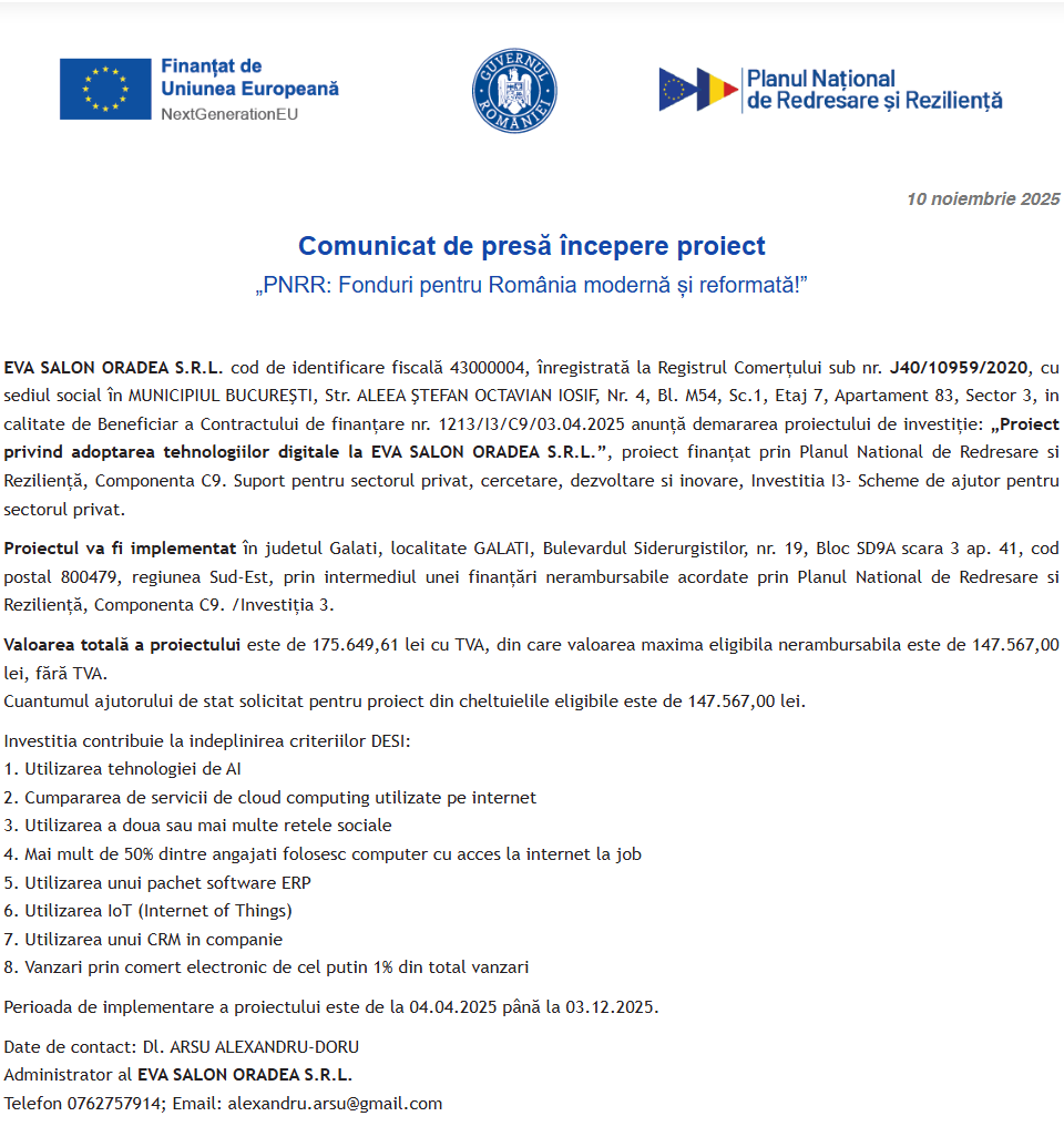 Comunicat de presă privind începerea derulării proiectului “Proiect privind adoptarea tehnologiilor digitale la EVA SALON ORADEA S.R.L.”