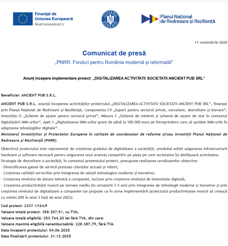 Comunicat de presă privind începerea derulării proiectului “DIGITALIZAREA ACTIVITATII SOCIETATII ANCIENT PUB SRL”