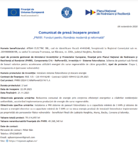 Comunicat de presa incepere proiect fonduri PNRR - APBAN ELECTRIC SRL