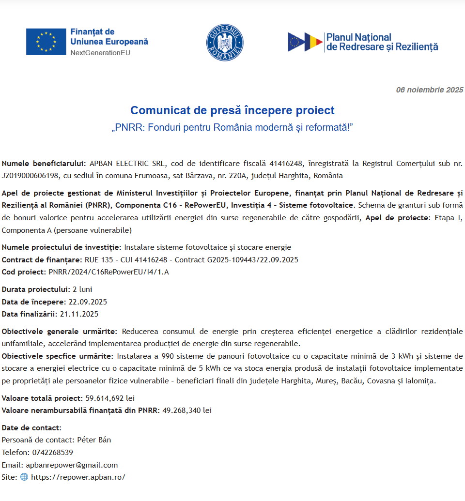 Comunicat de presă privind începerea derulării proiectului “Instalare sisteme fotovoltaice și stocare energie”