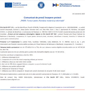 Comunicat de presa incepere proiect fonduri PNRR - EVA SALON EST SRL
