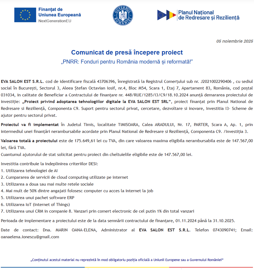 Comunicat de presă privind începerea derulării proiectului “Proiect privind adoptarea tehnologiilor digitale la EVA SALON EST SRL”