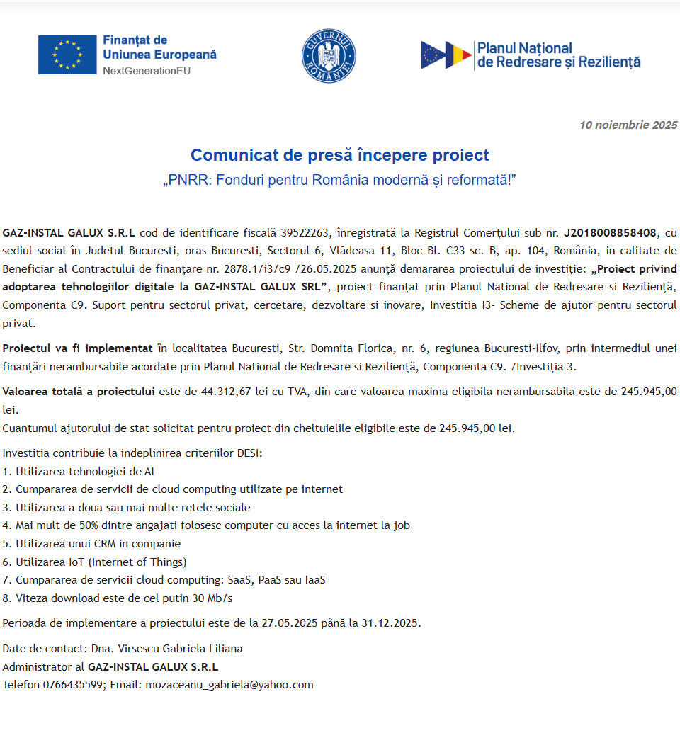 Comunicat de presă privind începerea derulării proiectului “Proiect privind adoptarea tehnologiilor digitale la GAZ-INSTAL GALUX SRL”