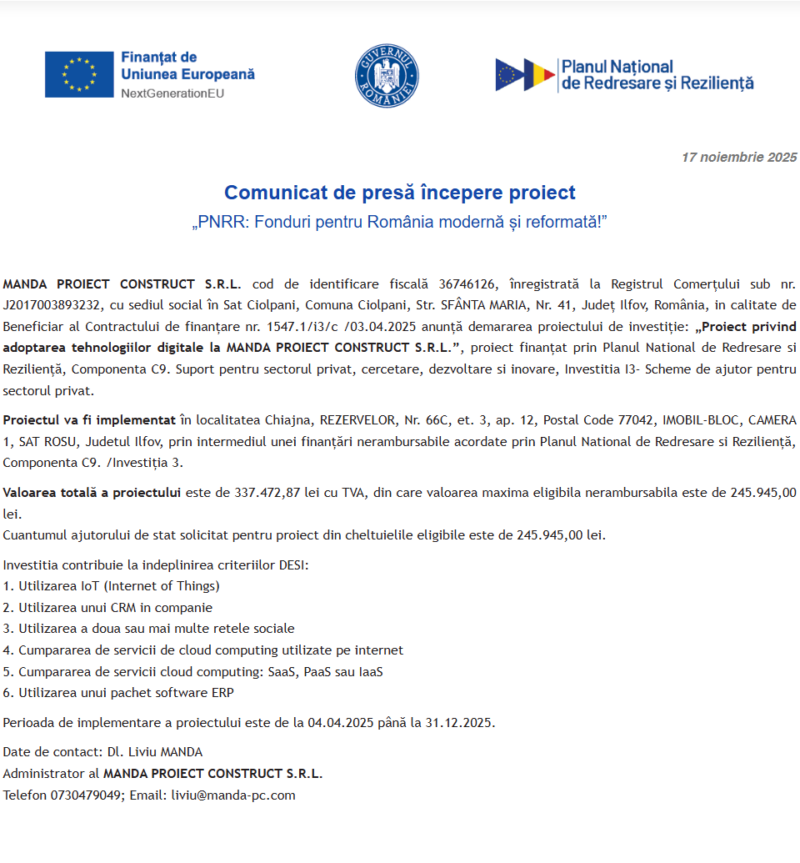Comunicat de presă privind începerea derulării proiectului “Proiect privind adoptarea tehnologiilor digitale la MANDA PROIECT CONSTRUCT S.R.L.”