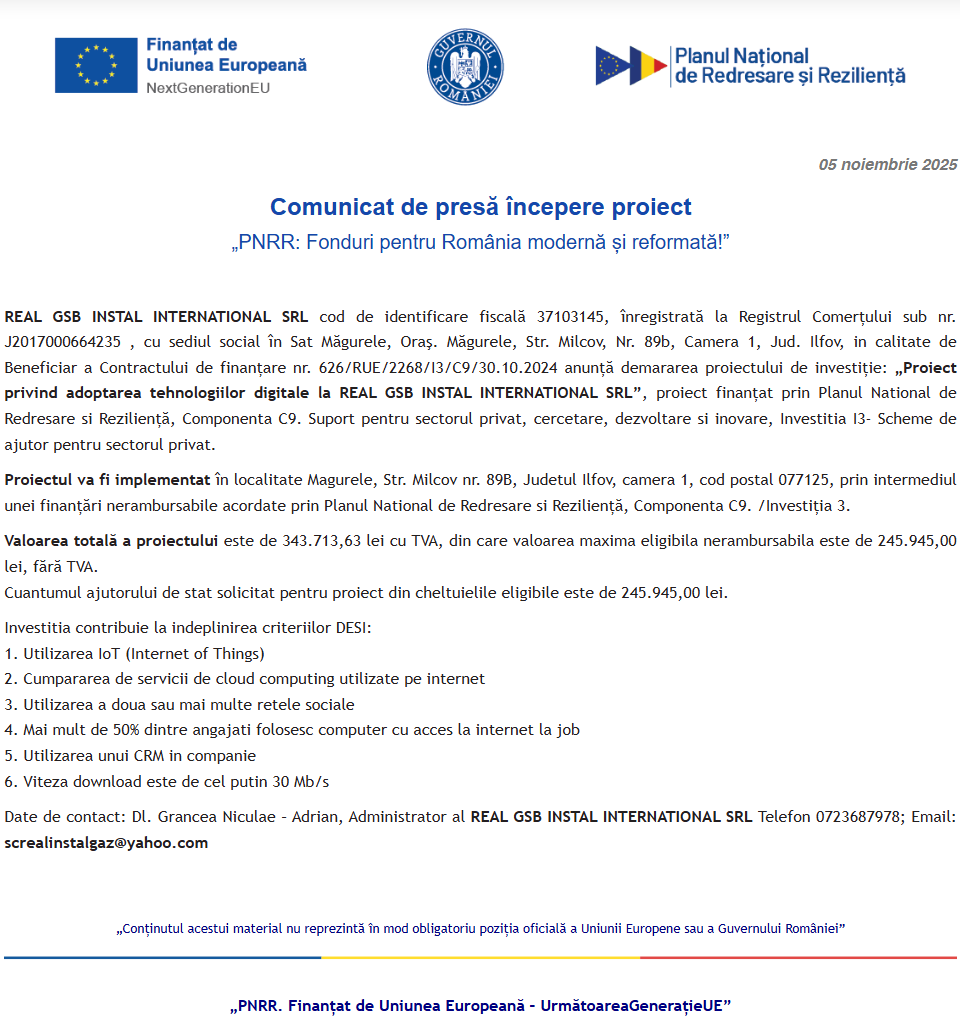 Comunicat de presă privind începerea derulării proiectului “Proiect privind adoptarea tehnologiilor digitale la REAL GSB INSTAL INTERNATIONAL SRL”