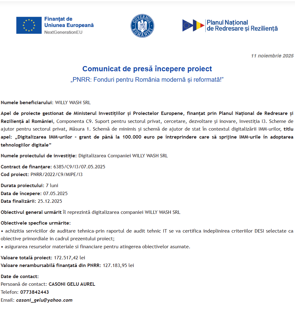 Comunicat de presă privind începerea derulării proiectului “Digitalizarea Companiei WILLY WASH SRL”