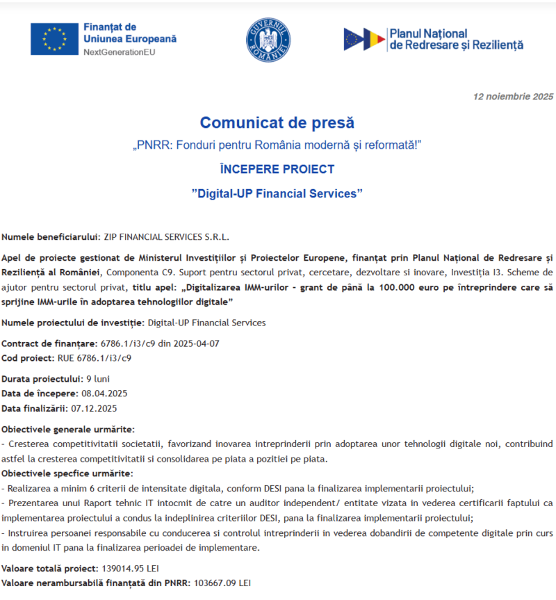 Comunicat de presă privind începerea derulării proiectului “Digital-UP Financial Services”