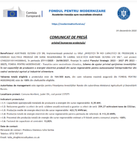 Comunicat de presa finalizare proiect Fondul pentru Modernizare - AGRITRADE OLTENIA LTD SRL