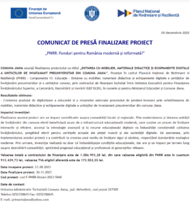 Comunicat de presa finalizare proiect PNRR - COMUNA JIANA