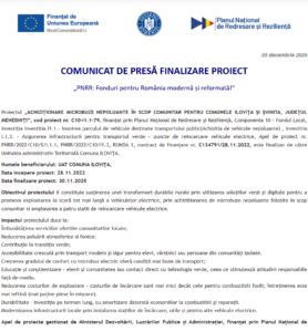 Comunicat de presa finalizare proiect PNRR - COMUNELE ILOVIŢA ŞI ŞVINITA