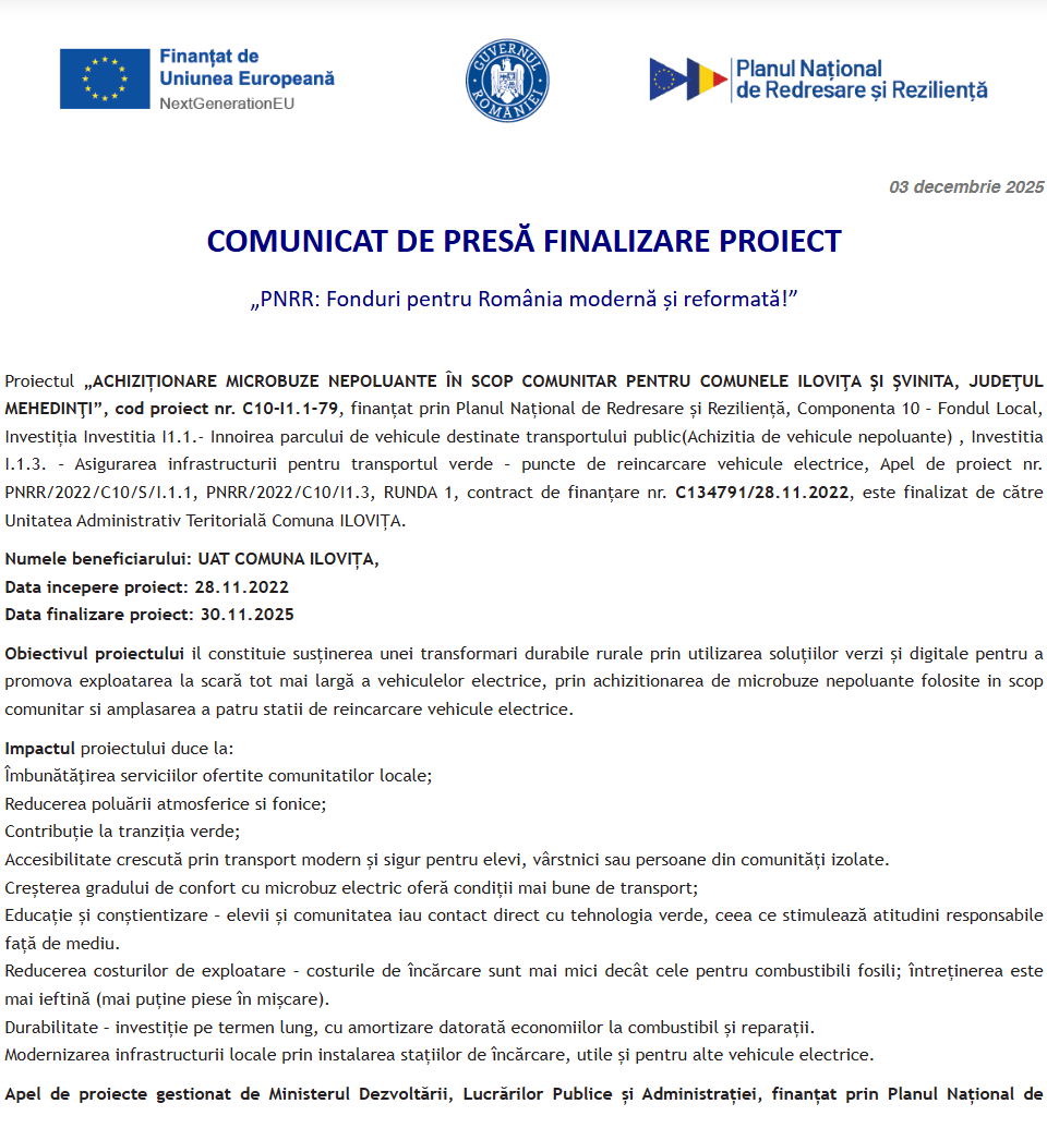 Comunicat de presă privind finalizarea derulării proiectului „ACHIZIȚIONARE MICROBUZE NEPOLUANTE ÎN SCOP COMUNITAR PENTRU COMUNELE ILOVIŢA ŞI ŞVINITA, JUDEŢUL MEHEDINŢI”