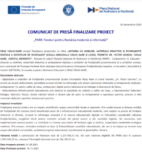 Comunicat de presa finalizare proiect PNRR - ORAȘ VÂNJU-MARE
