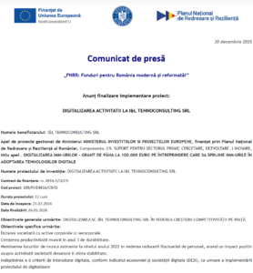 Comunicat de presa finalizare proiect PNRR - TEHNOCONSULTING SRL