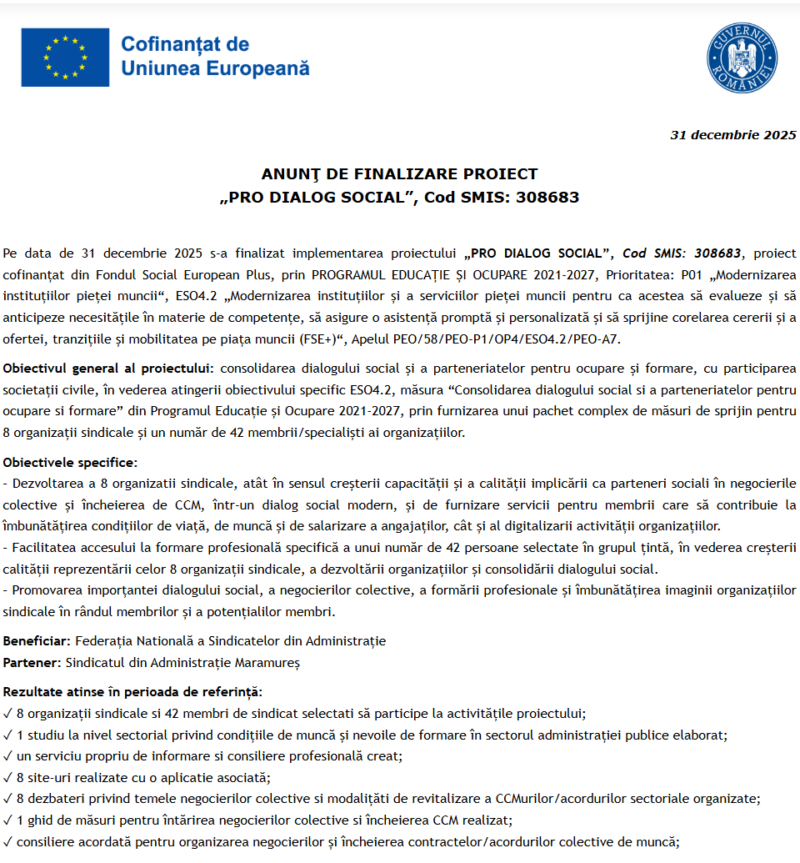 Comunicat de presă privind finalizarea derulării proiectului “PRO DIALOG SOCIAL”, Cod SMIS: 30868
