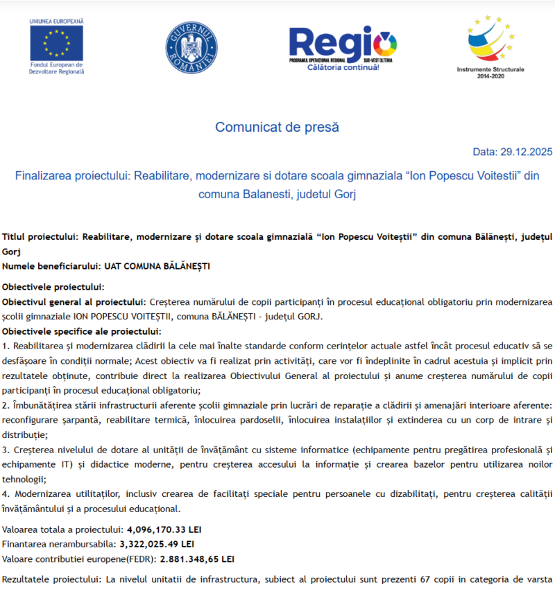 Comunicat de presă privind finalizarea derulării proiectului „Reabilitare, modernizare și dotare scoala gimnazială “Ion Popescu Voiteștii” din comuna Bălănești, județul Gorj”