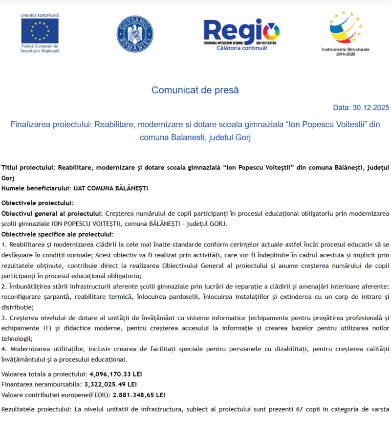 Comunicat de presă privind finalizarea derulării proiectului „Reabilitare, modernizare și dotare scoala gimnazială “Ion Popescu Voiteștii” din comuna Bălănești, județul Gorj”
