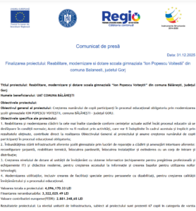 Comunicat de presa finalizare proiect UAT COMUNA BĂLĂNEȘTI - 31 dec