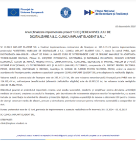 Comunicat de presa finalizare proiect fonduri PNRR - CLINICA IMPLANT ELADENT SRL