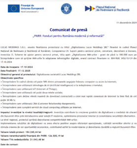 Comunicat de presa finalizare proiect fonduri PNRR - LUCAS WEDDINGS SRL