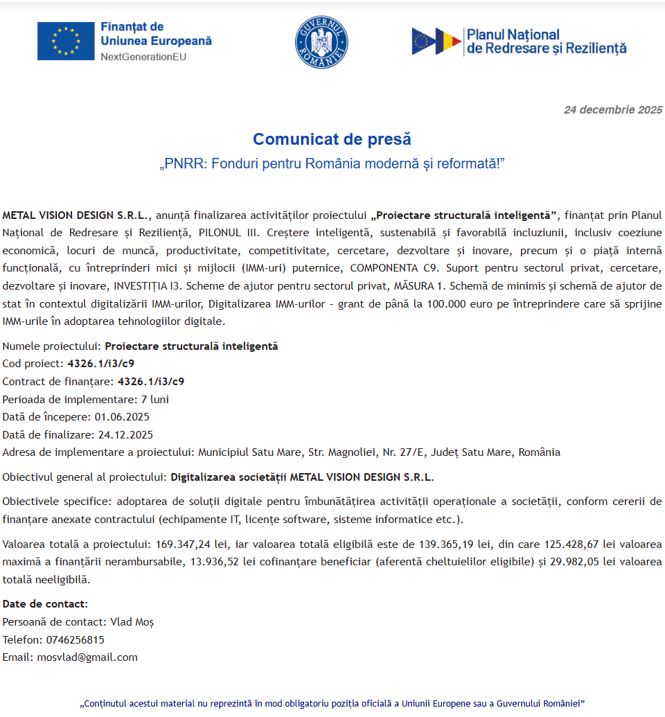 Comunicat de presă privind finalizarea derulării proiectului “Proiectare structurală inteligentă”