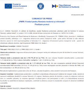 Comunicat de presa finalizare proiect fonduri PNRR - UAT Tulucesti Galati