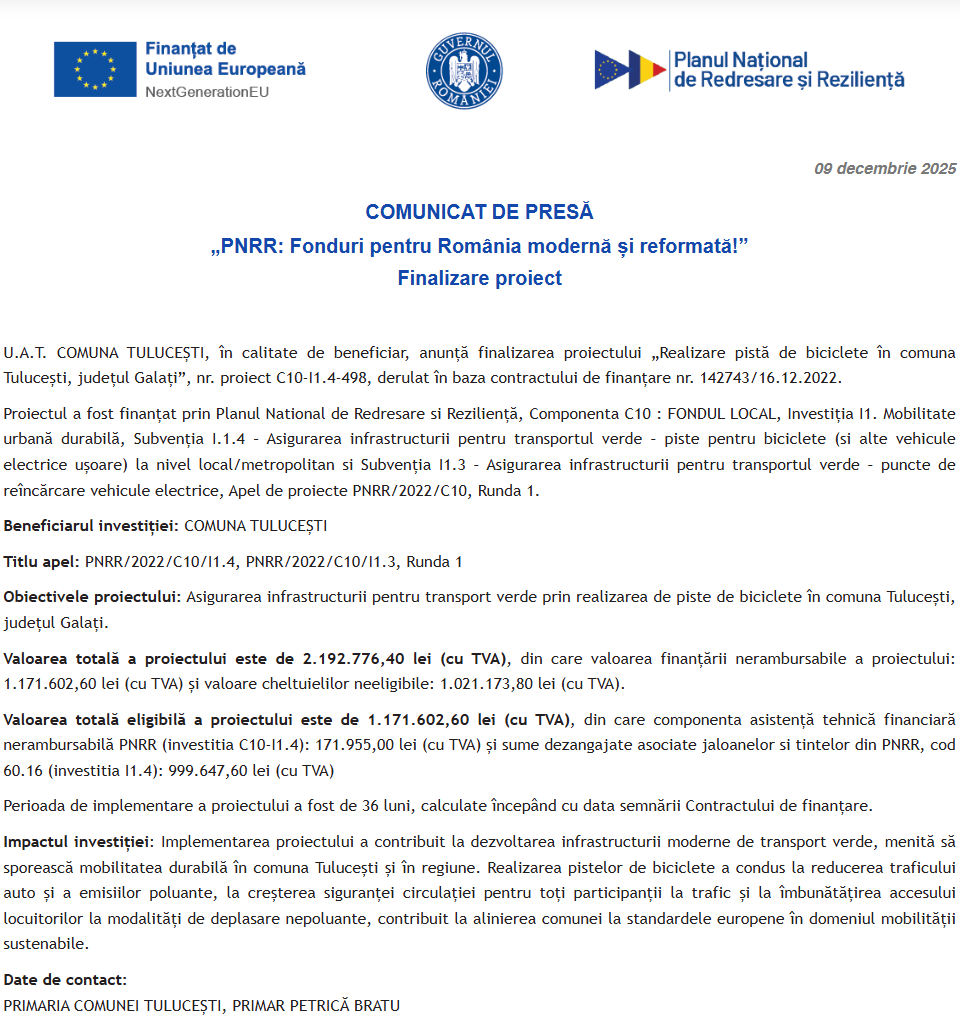Comunicat de presă privind finalizarea derulării proiectului “Realizare pistă de biciclete în comuna Tulucești, județul Galați”