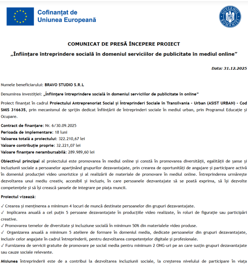 Comunicat de presă privind începerea derulării proiectului “Înființare întreprindere socială în domeniul serviciilor de publicitate în mediul online”