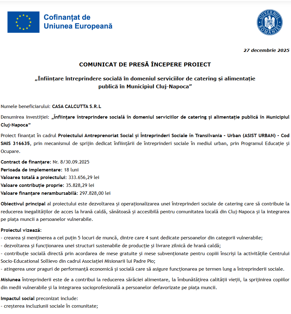 Comunicat de presă privind începerea derulării proiectului “Înființare întreprindere socială în domeniul serviciilor de catering și alimentație publică în Municipiul Cluj-Napoca”