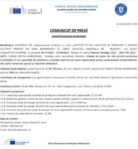 Comunicat de presa incepere proiect Fondul pentru Modernizare - AGROSEMCU SRL
