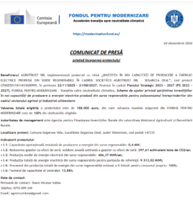Comunicat de presa incepere proiect Fondul pentru Modernizare - AGROTRUST SRL