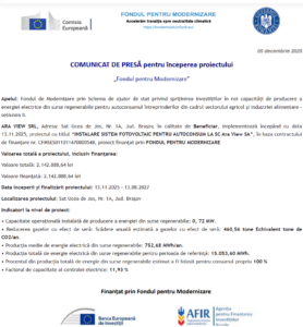 Comunicat de presa incepere proiect Fondul pentru Modernizare - ARA VIEW SA
