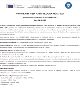Comunicat de presa incepere proiect Fondul pentru Modernizare - BEGA TEHNOMET SA - Chizatau