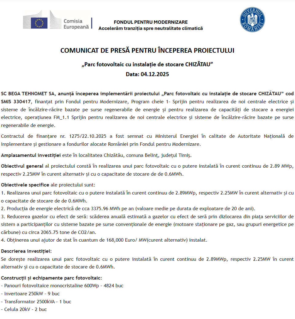 Comunicat de presă privind începerea derulării proiectului „Parc fotovoltaic cu instalație de stocare CHIZĂTAU”