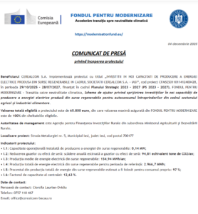 Comunicat de presa incepere proiect Fondul pentru Modernizare - CEREALCOM - IASI