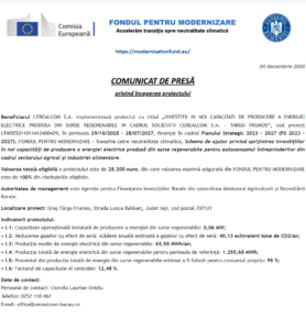Comunicat de presa incepere proiect Fondul pentru Modernizare - CEREALCOM - TARGU FRUMOS