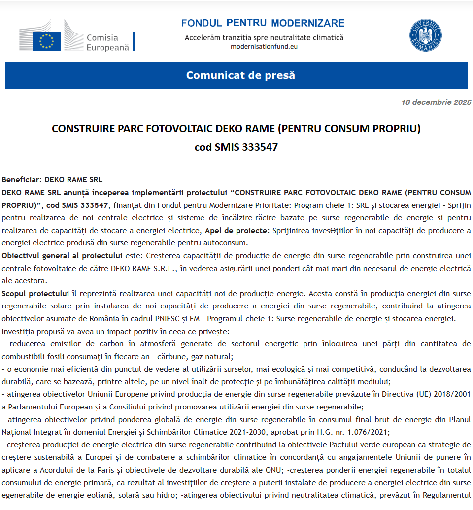 Comunicat de presă privind începerea derulării proiectului „CONSTRUIRE PARC FOTOVOLTAIC DEKO RAME (PENTRU CONSUM PROPRIU)”