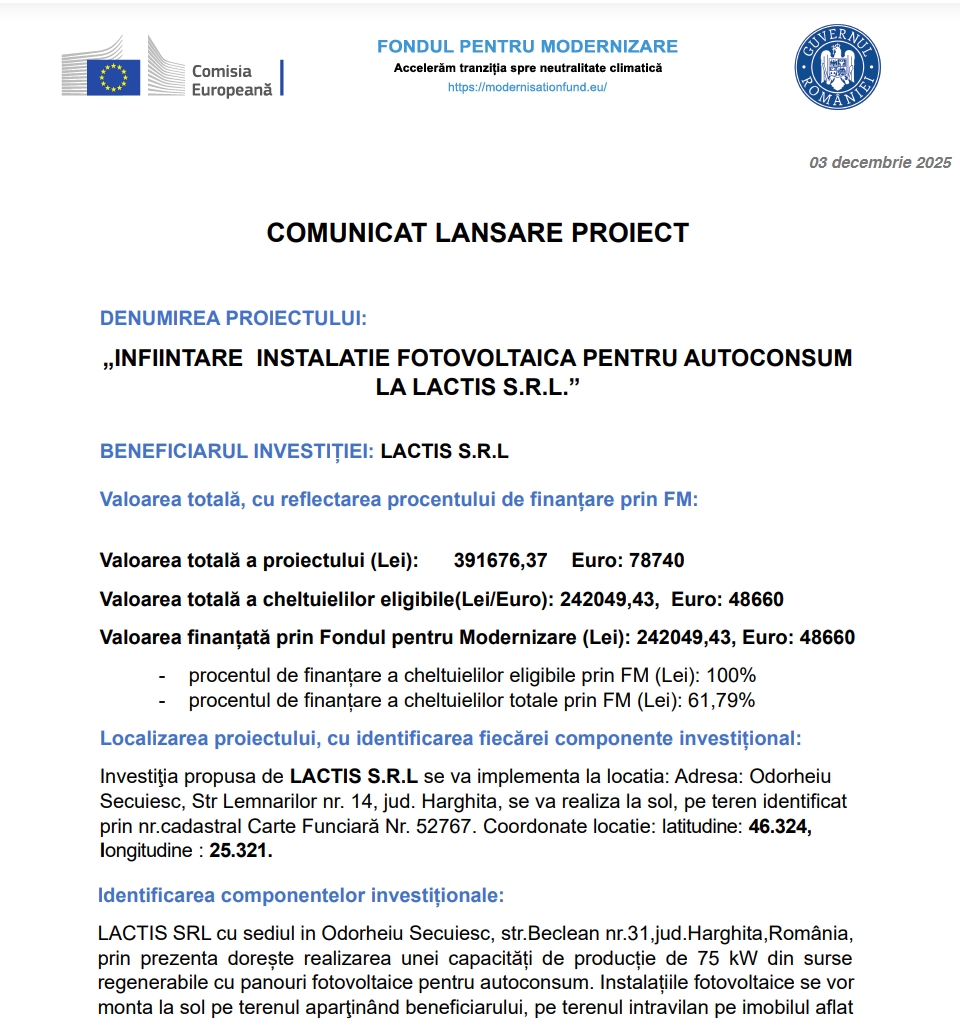 Comunicat de presă privind începerea derulării proiectului „INFIINTARE INSTALATIE FOTOVOLTAICA PENTRU AUTOCONSUM LA LACTIS S.R.L.”