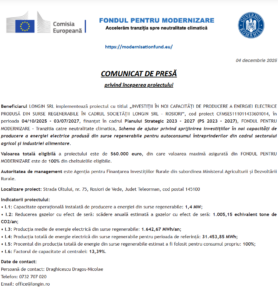 Comunicat de presa incepere proiect Fondul pentru Modernizare - LONGIN SRL