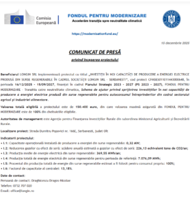 Comunicat de presa incepere proiect Fondul pentru Modernizare - LONGIN SRL - Serbanesti