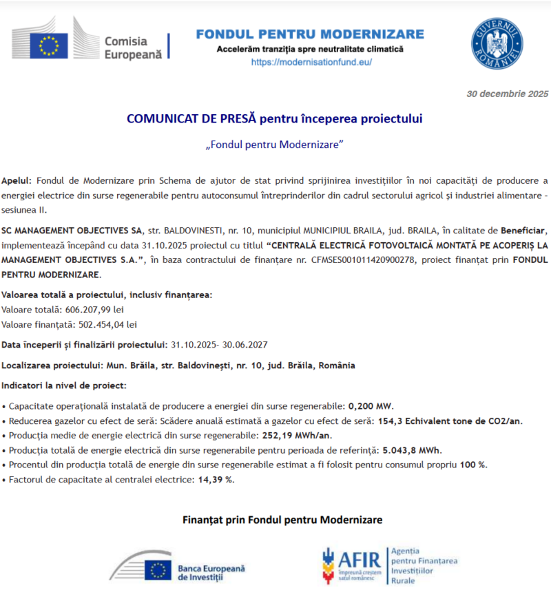 Comunicat de presă privind începerea derulării proiectului „CENTRALĂ ELECTRICĂ FOTOVOLTAICĂ MONTATĂ PE ACOPERIȘ LA MANAGEMENT OBJECTIVES S.A.”