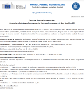 Comunicat de presa incepere proiect Fondul pentru Modernizare - Nord Spedition SRL