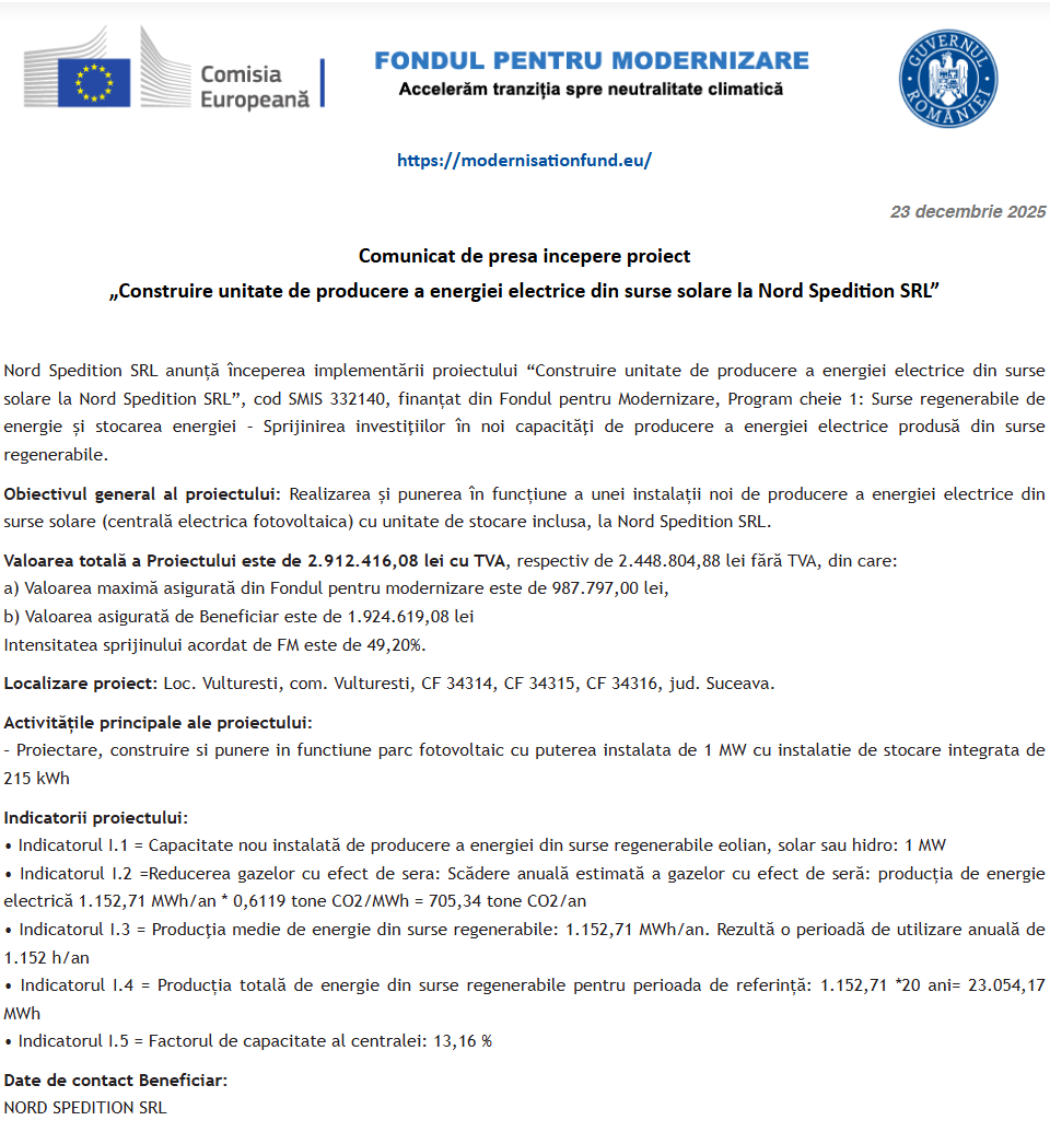 Comunicat de presă privind începerea derulării proiectului „Construire unitate de producere a energiei electrice din surse solare la Nord Spedition SRL”