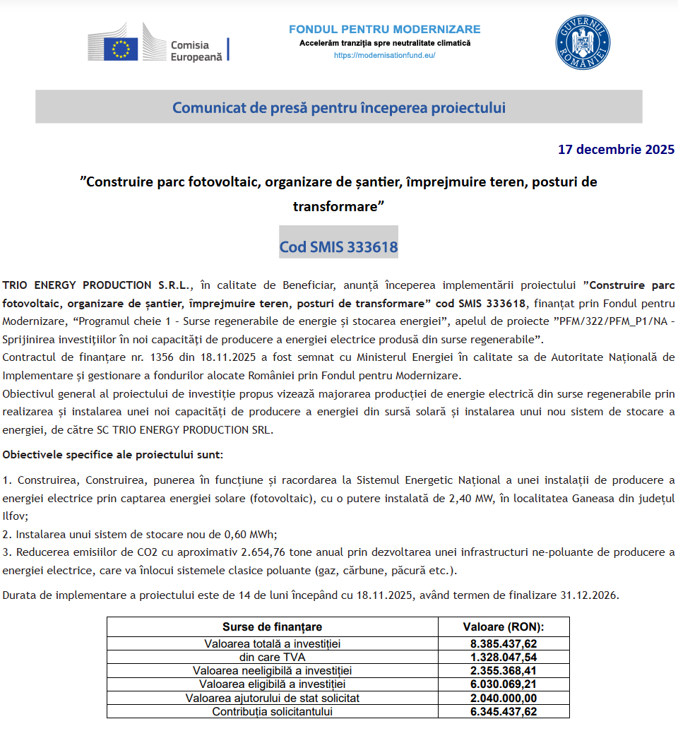 Comunicat de presă privind începerea derulării proiectului „Construire parc fotovoltaic, organizare de șantier, împrejmuire teren, posturi de transformare”